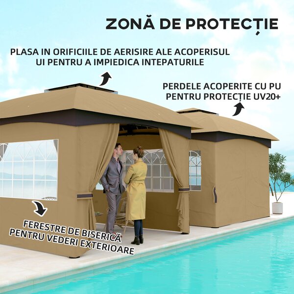 Outsunny Pavilion de Grădină cu Copertină, Perdele, Ferestre și Acoperiș Ventilat, 335x335x285 cm, Bej | Aosom Romania