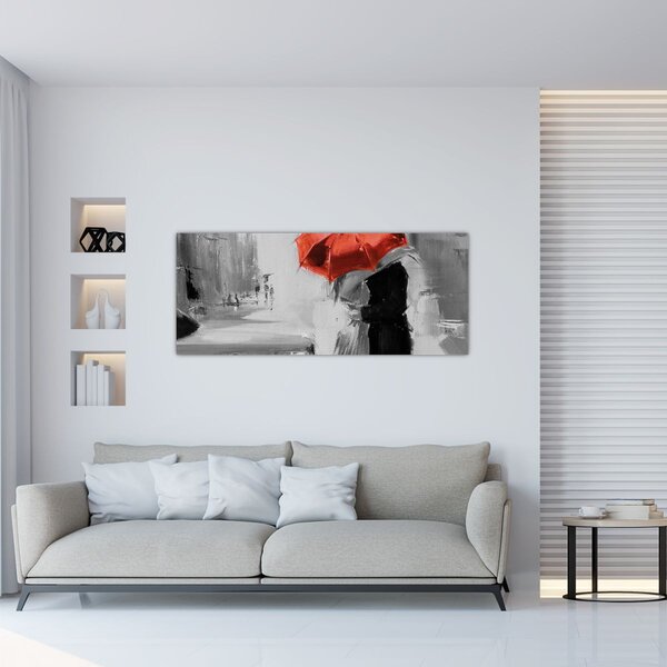 Tablou - Cuplu în dragoste sub o umbrelă, roșu (120x50 cm)