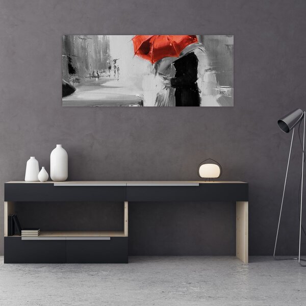 Tablou - Cuplu în dragoste sub o umbrelă, roșu (120x50 cm)