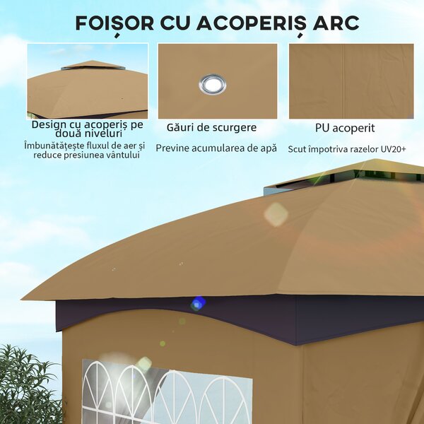 Outsunny Pavilion de Grădină cu Copertină, Perdele, Ferestre și Acoperiș Ventilat, 335x335x285 cm, Bej | Aosom Romania