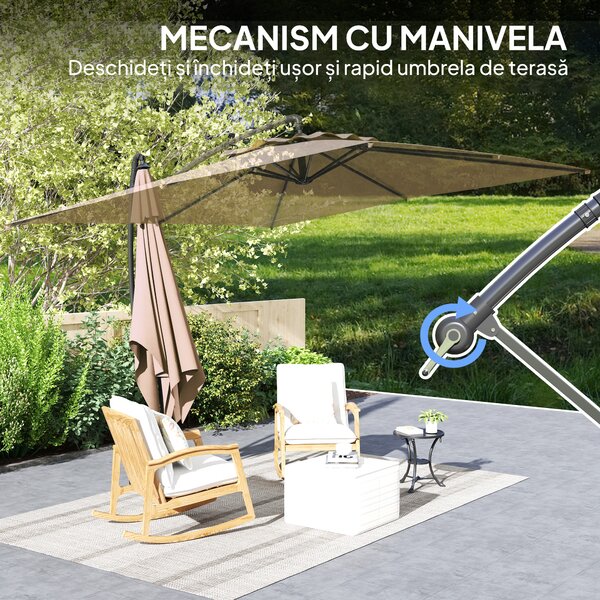 Outsunny Umbrelă de Soare Suspendată cu Rotire la 360°, Mâner cu Manivelă și Înclinare, 300x325x230 cm, Kaki | Aosom Romania