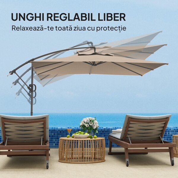 Outsunny Umbrelă de Soare Suspendată cu Rotire la 360°, Mâner cu Manivelă și Înclinare, 300x325x230 cm, Kaki | Aosom Romania
