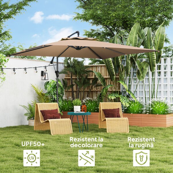 Outsunny Umbrelă de Soare Suspendată cu Rotire la 360°, Mâner cu Manivelă și Înclinare, 300x325x230 cm, Kaki | Aosom Romania