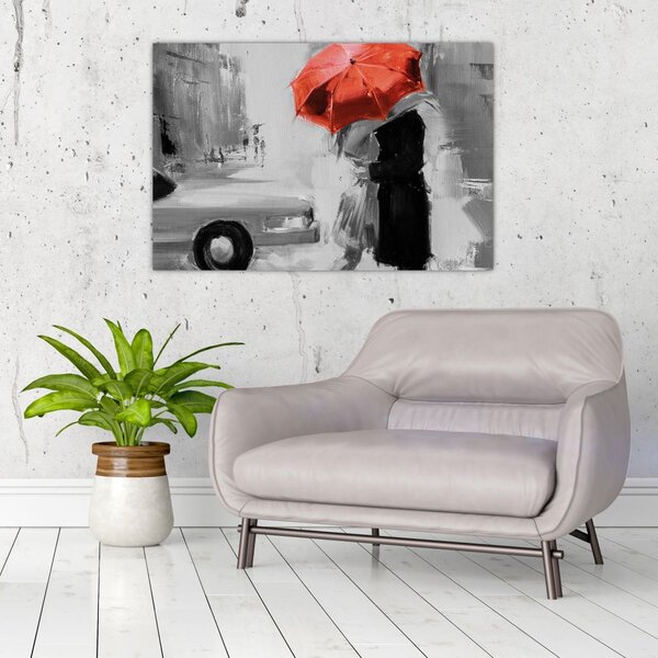 Tablou - Cuplu în dragoste sub o umbrelă, roșu (90x60 cm)