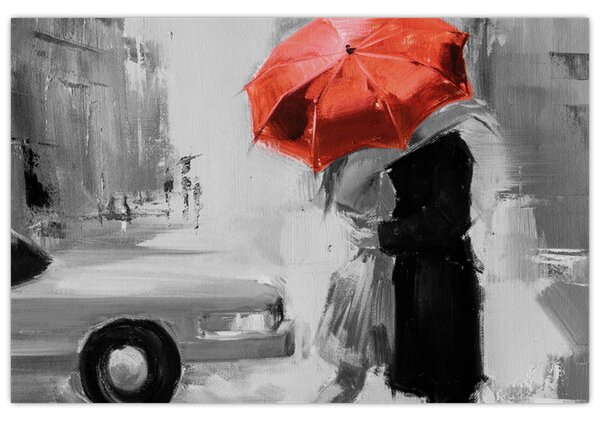 Tablou - Cuplu în dragoste sub o umbrelă, roșu (90x60 cm)