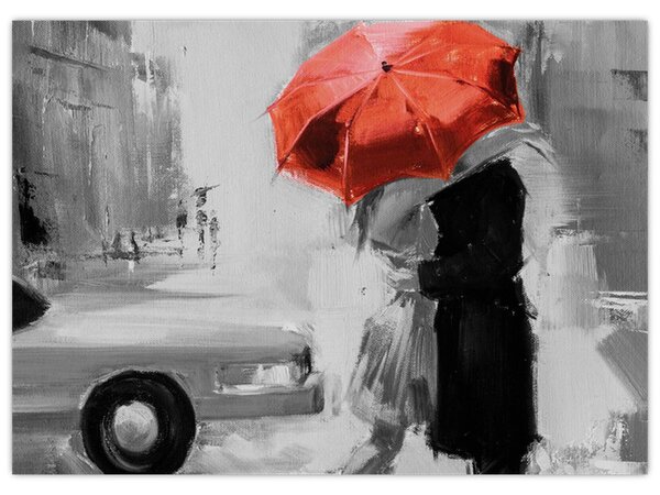 Tablou - Cuplu în dragoste sub o umbrelă, roșu (70x50 cm)