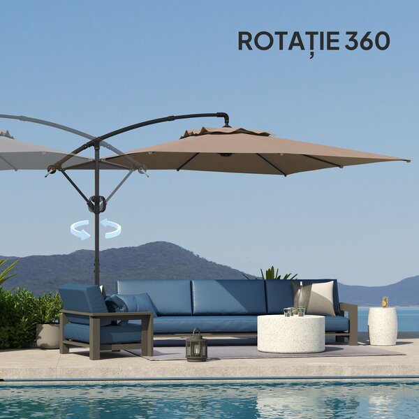 Outsunny Umbrelă de Soare Suspendată cu Rotire la 360°, Mâner cu Manivelă și Înclinare, 300x325x230 cm, Kaki | Aosom Romania