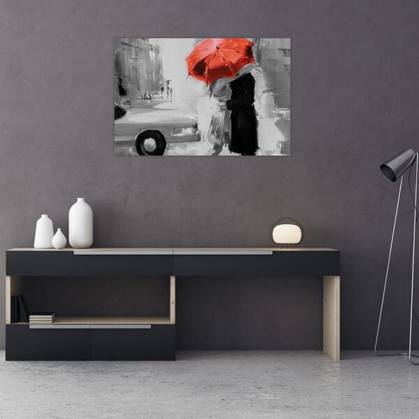 Tablou - Cuplu în dragoste sub o umbrelă, roșu (90x60 cm)