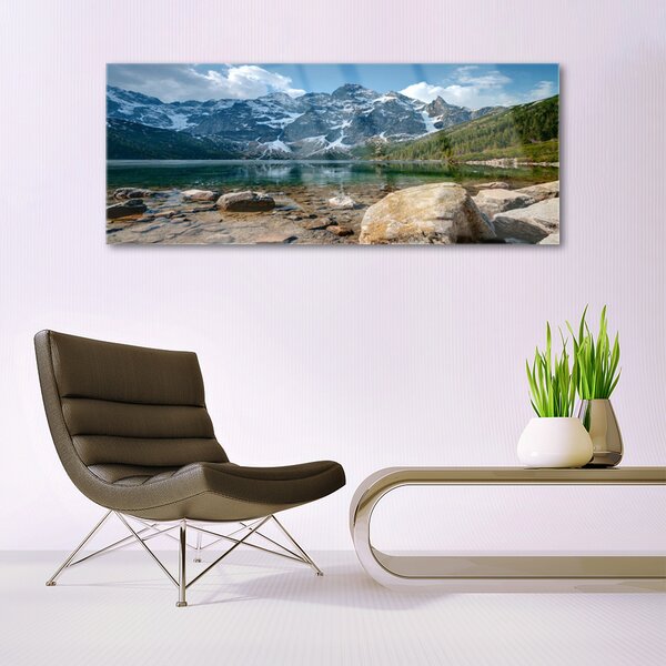 Tablouri acrilice Mountain Lake Stones Peisaj Gri Albastru Verde Alb