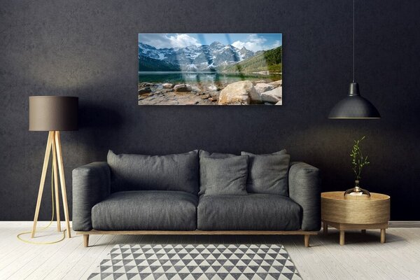 Tablouri acrilice Mountain Lake Stones Peisaj Gri Albastru Verde Alb