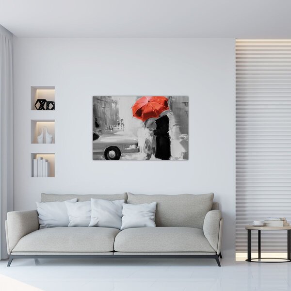 Tablou - Cuplu în dragoste sub o umbrelă, roșu (90x60 cm)