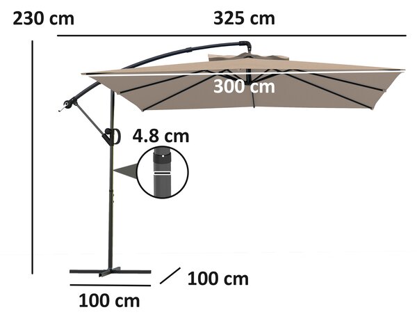 Outsunny Umbrelă de Soare Suspendată cu Rotire la 360°, Mâner cu Manivelă și Înclinare, 300x325x230 cm, Kaki | Aosom Romania