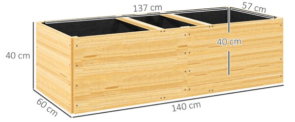 Outsunny Strat de Grădină Înălțat și Adânc cu 3 Zone de Creștere și Strat de Protecție, 140x60x40 cm, Lemn Natural | Aosom Romania