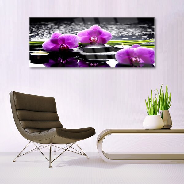 Tablou pe sticla Pietrele florale flori roz negru