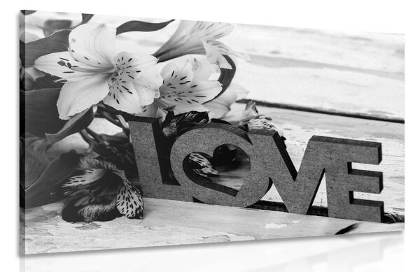 Tablou cu inscripție din lemn Love în design alb-negru