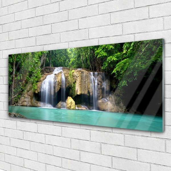 Tablou pe sticla Cascada copac Natura Purple Verde Albastru
