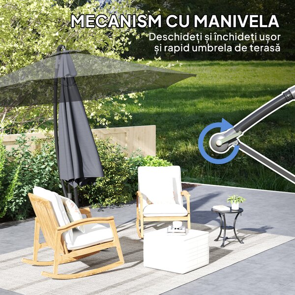 Outsunny Umbrelă de Soare cu Corzi Anti-Vânt, Orificii de Aerisire, Bază în Cruce și Manivelă, Φ290x243 cm, Gri | Aosom Romania