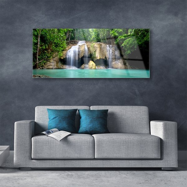 Tablou pe sticla Cascada copac Natura Purple Verde Albastru