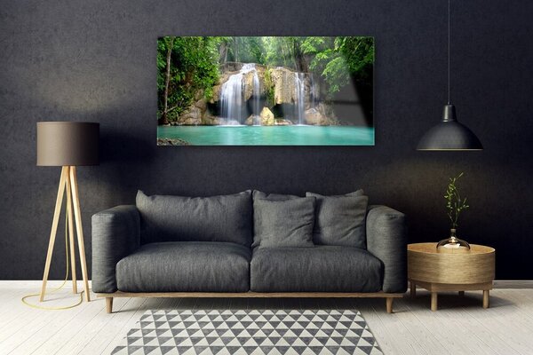 Tablou pe sticla Cascada copac Natura Purple Verde Albastru