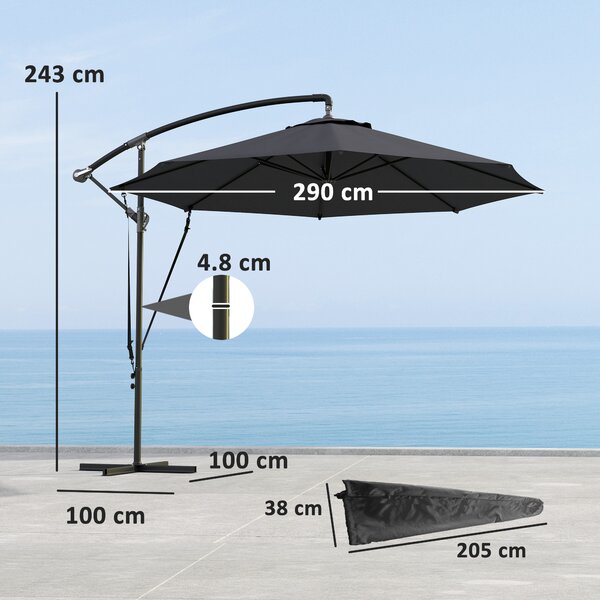 Outsunny Umbrelă de Soare cu Corzi Anti-Vânt, Orificii de Aerisire, Bază în Cruce și Manivelă, Φ290x243 cm, Gri | Aosom Romania