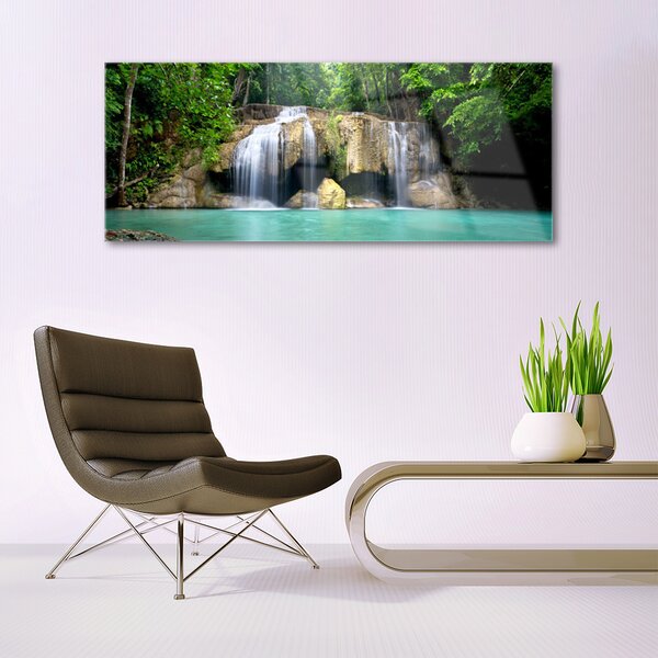 Tablou pe sticla Cascada copac Natura Purple Verde Albastru