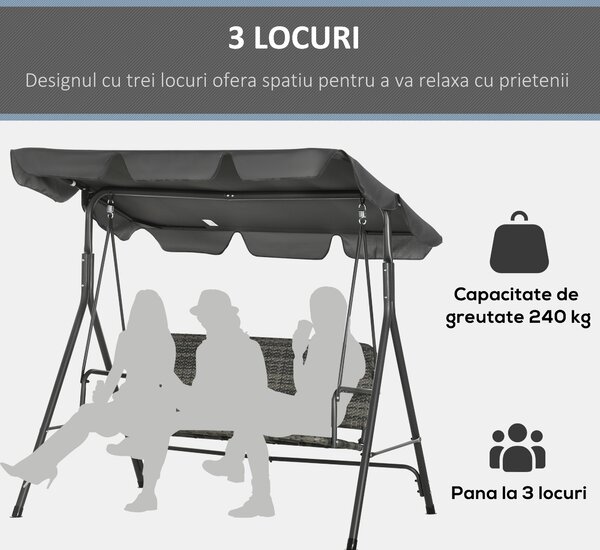Outsunny Balansoar de Grădină cu 3 Locuri și Parasolar Reglabil, 167x112x153 cm, Gri Închis | Aosom Romania