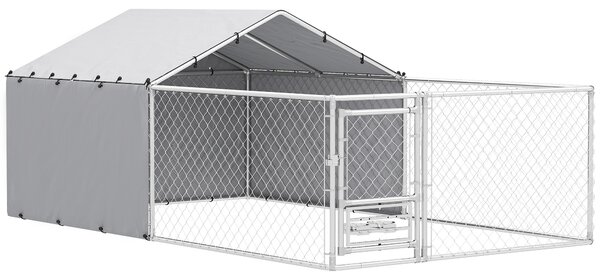 PawHut Țarc pentru Câini de Exterior cu Acoperiș Anti-UV Impermeabil și Boluri Rotative, 400x230x150 cm, Argintiu | Aosom Romania