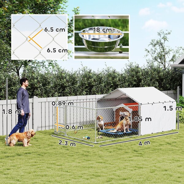 PawHut Țarc pentru Câini de Exterior cu Acoperiș Anti-UV Impermeabil și Boluri Rotative, 400x230x150 cm, Argintiu | Aosom Romania