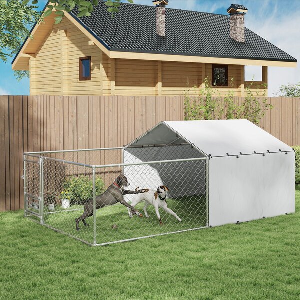 PawHut Țarc pentru Câini de Exterior cu Acoperiș Anti-UV Impermeabil și Boluri Rotative, 400x230x150 cm, Argintiu | Aosom Romania