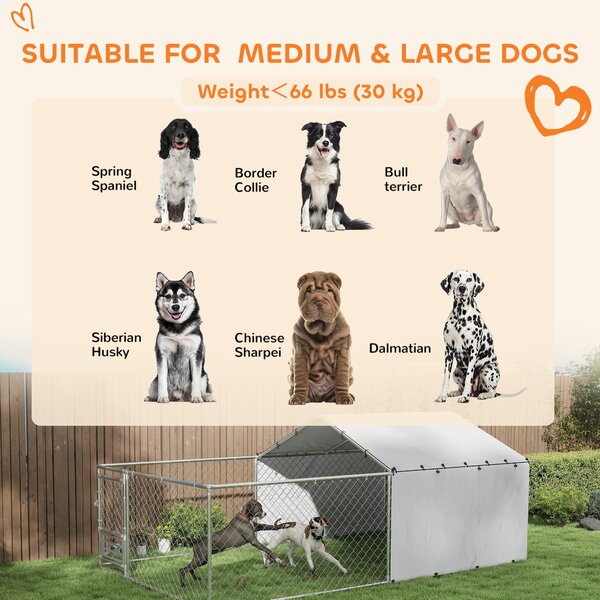 PawHut Țarc pentru Câini de Exterior cu Acoperiș Anti-UV Impermeabil și Boluri Rotative, 400x230x150 cm, Argintiu | Aosom Romania