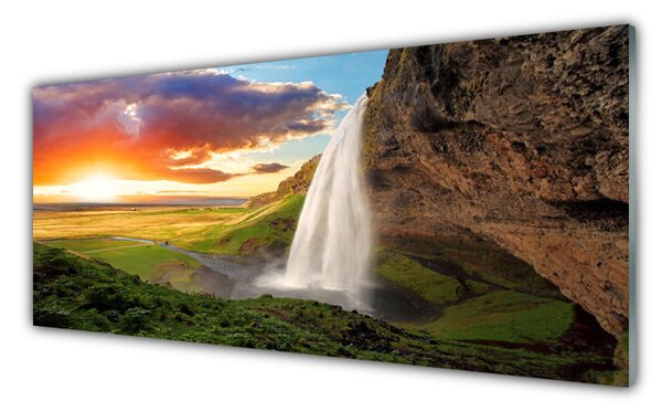 Tablou pe sticla Cascada de munte Natura Gri Alb Verde