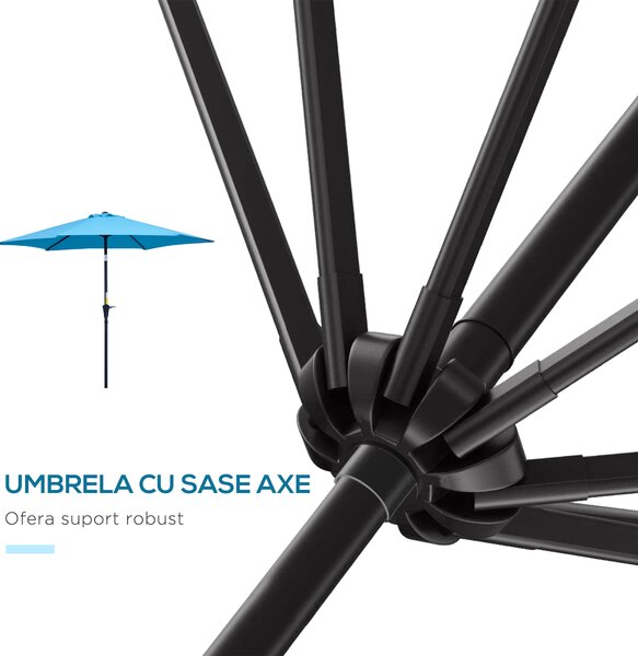 Outsunny Umbrelă de Grădină Înclinabilă cu Manivelă, Tijă și 6 Spițe, Ø2.6x2.4 m, Albastru | Aosom Romania