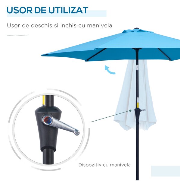 Outsunny Umbrelă de Grădină Înclinabilă cu Manivelă, Tijă și 6 Spițe, Ø2.6x2.4 m, Albastru | Aosom Romania