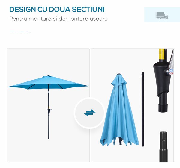 Outsunny Umbrelă de Grădină Înclinabilă cu Manivelă, Tijă și 6 Spițe, Ø2.6x2.4 m, Albastru | Aosom Romania