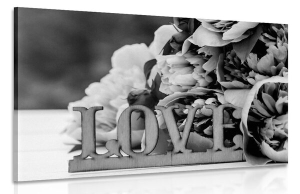 Tablou bujori cu inscripție Love în design alb-negru