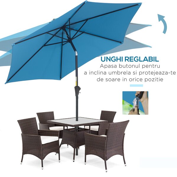Outsunny Umbrelă de Grădină Înclinabilă cu Manivelă, Tijă și 6 Spițe, Ø2.6x2.4 m, Albastru | Aosom Romania
