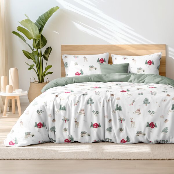 Goldea lenjerie de crăciun de pat din 100% bumbac duo - crăciun tradițional cu verde salvie 160 x 200 și 2buc 50 x 70 cm