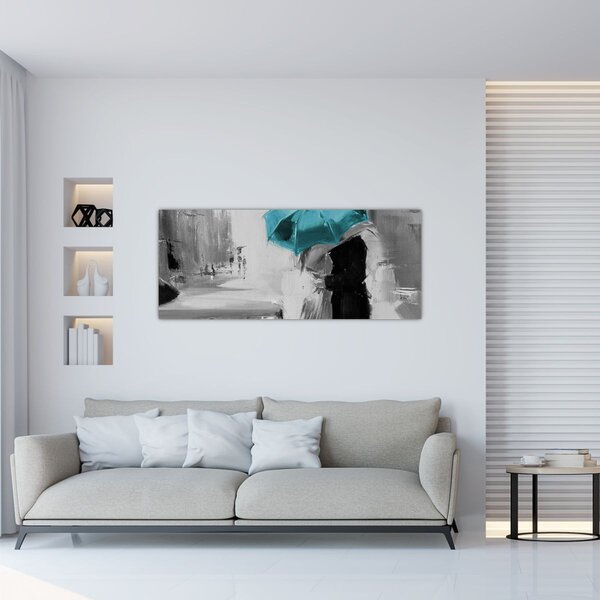 Tablou - Cuplu în dragoste cu umbrelă, albastru (120x50 cm)