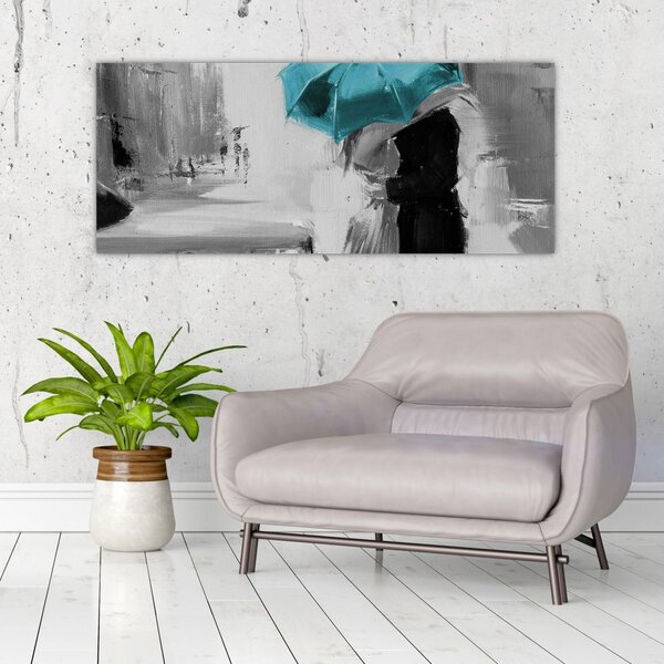 Tablou - Cuplu în dragoste cu umbrelă, albastru (120x50 cm)