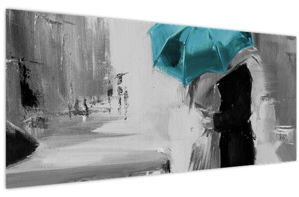 Tablou - Cuplu în dragoste cu umbrelă, albastru (120x50 cm)