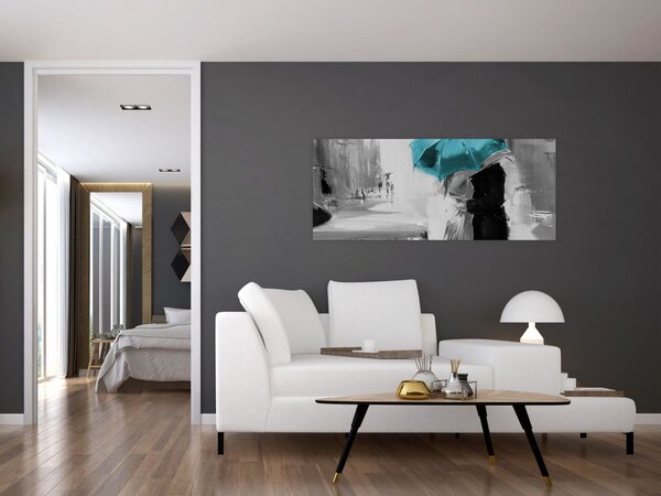 Tablou - Cuplu în dragoste cu umbrelă, albastru (120x50 cm)