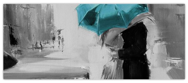 Tablou - Cuplu în dragoste cu umbrelă, albastru (120x50 cm)
