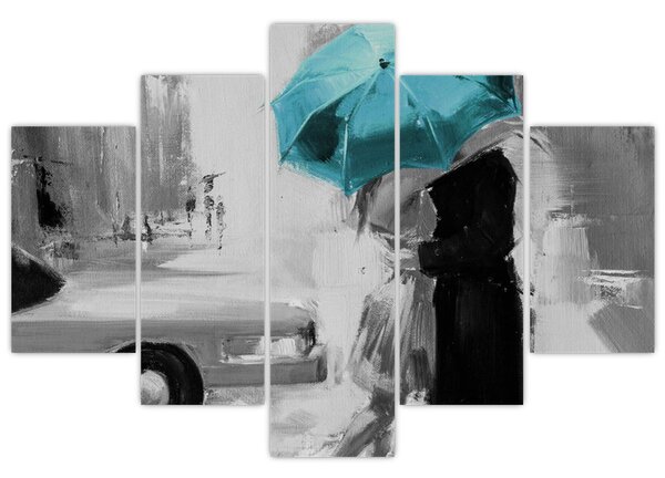 Tablou - Cuplu în dragoste cu umbrelă, albastru (150x105 cm)