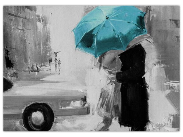 Tablou - Cuplu în dragoste cu umbrelă, albastru (70x50 cm)