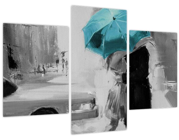 Tablou - Cuplu în dragoste cu umbrelă, albastru (90x60 cm)