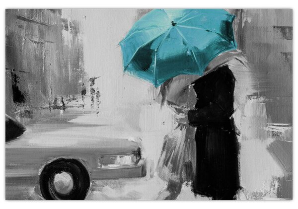 Tablou - Cuplu în dragoste cu umbrelă, albastru (90x60 cm)