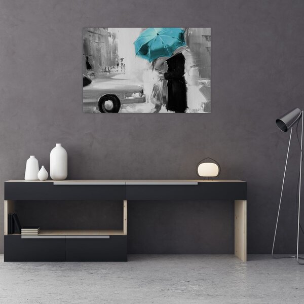 Tablou - Cuplu în dragoste cu umbrelă, albastru (90x60 cm)