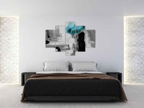 Tablou - Cuplu în dragoste cu umbrelă, albastru (150x105 cm)
