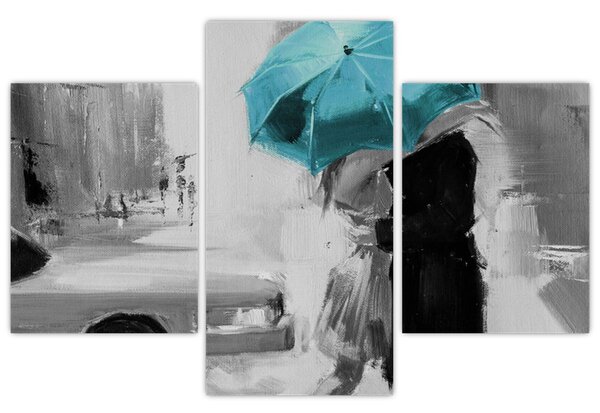 Tablou - Cuplu în dragoste cu umbrelă, albastru (90x60 cm)
