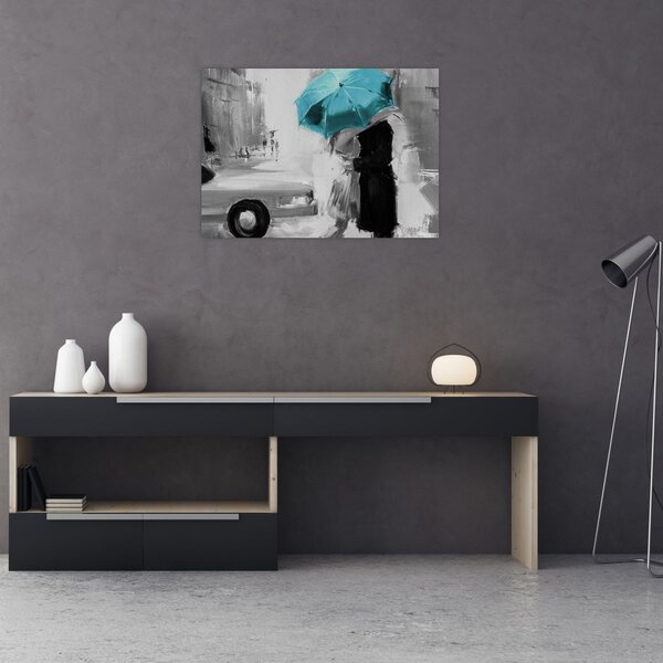 Tablou - Cuplu în dragoste cu umbrelă, albastru (70x50 cm)